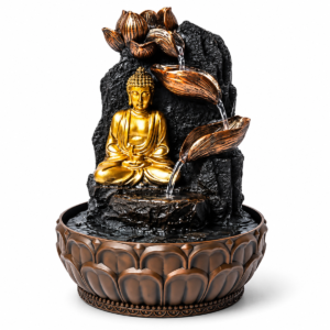 Mediterende boeddha met lotus waterfontein